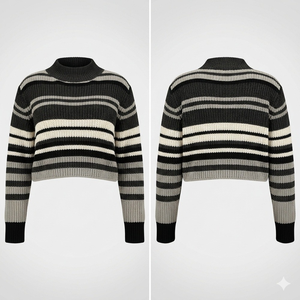 Romwe Women Sweater Cropped Mock Neck Small Black Gray White Striped Knit Grunge